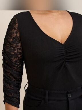 Torrid Black V-Neck Lace Sleeve Top